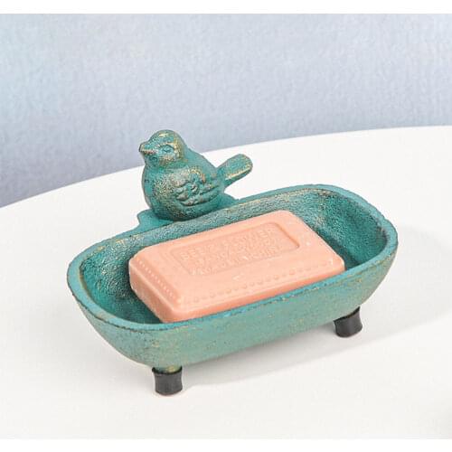 Vintage Gold Blue Bird Cast Iron Soap Dish With Three Standing Feet Farm House Accents Handmade Animal Metal Storage Plate Tray