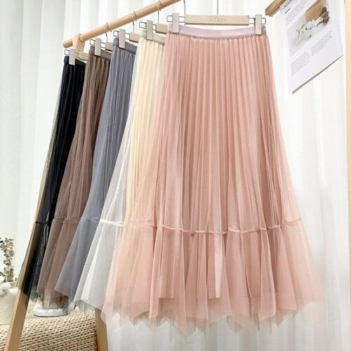 Croysier Women Satin Lining Pleated Tulle Skirt Two Wearing Ways High Waist Irregular Hem Elegant Midi Long Skirts Womens Summer