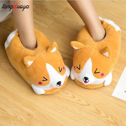 Home Slippers Female Winter Plush Corgi Slippers Warm Women Floor Indoor Shoes Cute Funny Adult Slippers Flat Zapatillas Woman