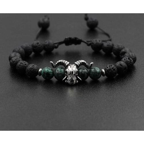 Natural Stone Lava Elastic Bracelet Stainless Steel Animal Owl Goat Charm Beaded Braid Bracelet & Bangle Jewelry for Men Women