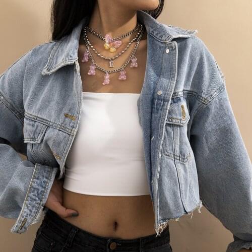 European and American Simple Retro Jewelry with Multilayer Round Bead Chain Bear Butterfly Pendant Necklace Set for Female 2021