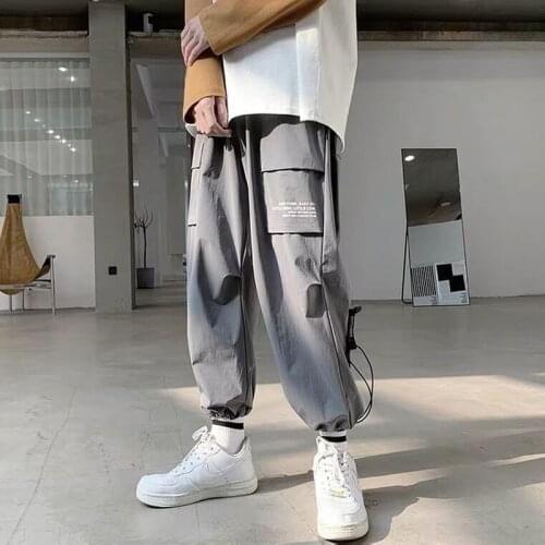 HOUZHOU Summer Mens Cargo Trousers Thin Black Cargo Pants for Men Korean Style Gray Trousers for Men Japanese Streetwear