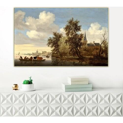 Jacob van Ruisdael《River Landscape with Ferry II》Canvas Oil Painting Aesthetic Poster Picture Wall Hanging Decor Home Decoration