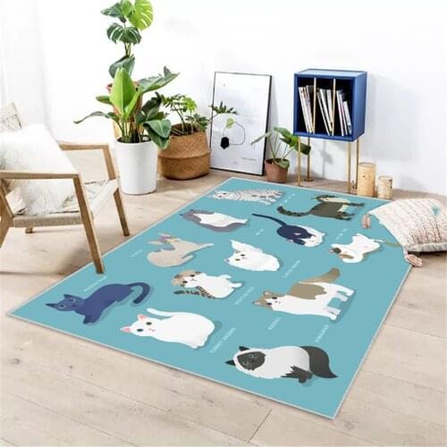 Cute Cat Pattern Childrens Room Rug Lake Blue Bedroom Carpet For Kids Play Mat Floor Mat Nordic Kawaii Cartoon Carpet Boy Girl