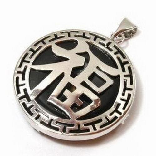 Black Agate White Gold Plated Fortune Word Luck Pendant and Necklace