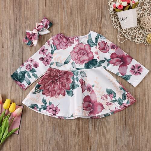 Summer Fall Baby Girl Cute Skirt Suit Fashion Bow-knot Hair Band Long Sleeve Round Neck Floral Print Breathable Dress Set