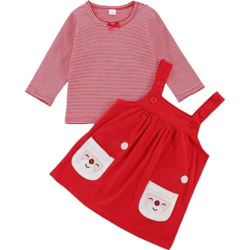 Toddler Infant Newborn Baby Girl Clothes Set Autumn Long Sleeve Red Striped T-shirt Santa Clause Strap Skirt Outfits Clothing