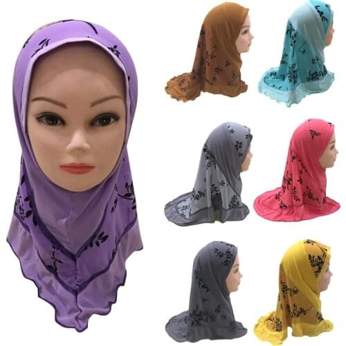Muslim Girls Scarf Hijab Flower Printed Arabic Islamic Turban Bonnet Cap Children Instant Headwrap Burqa for 2-7 Years Old Girl