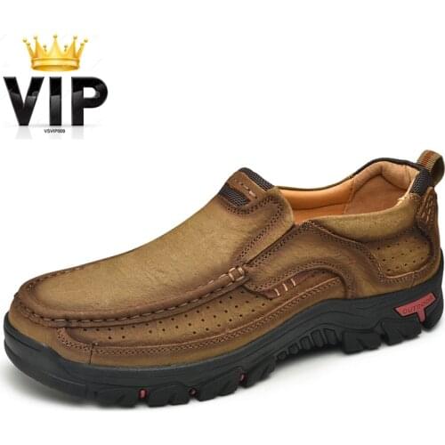 Only for VIP, Men Genuine leather outdoor sneakers Vintage boots loafers summer shoes Non-slip rubber sole Moccasin Plus size 48