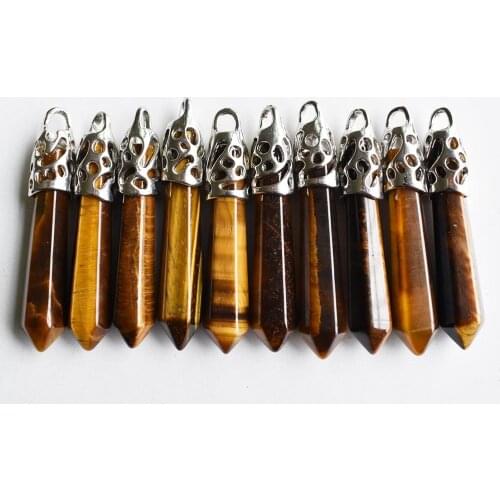 Wholesale 10pcs/lot Fashion good quality natural tiger eye stone Hexagonal pillar charms pendants 12x50mm for jewelry making