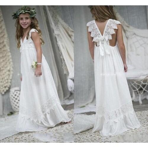 Lovely Boho Ivory Flower Girl Dresses V Neck A Line Chiffon Lace Child Communion Dresses Kids Formal Wear Birthday Party Gown