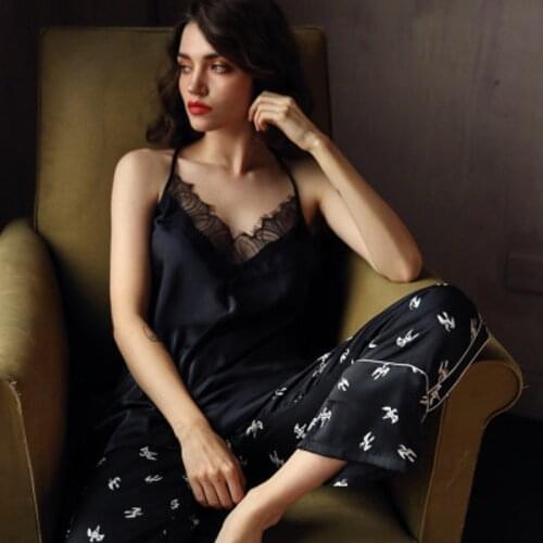 Daeyard Luxury Silk Pajama Set Sexy Lace Trim Lingerie Backless Pyjamas 2 Pieces Long Pants Satin Pijama Home Clothes Sleepwear