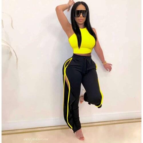 Spring Sexy 2 Piece Outfits for Women Streetwear Fashion Two Piece Set Tank Crop Top Side Slit Pants Set Fitness Plus Size 4XL