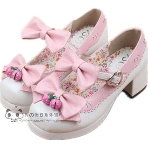Japanese Mori Girl Lolita Strawberry Bell Shoes Round Head Middle Heel Bowknot Princess Kawaii Girl Women Shoes