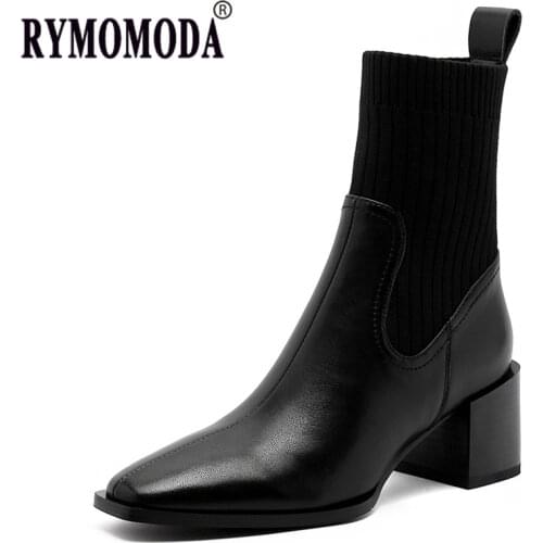 RYMOMODA Women Handmade Genuine Leather Boots with Knitting Wool 2021 Black 6cm Heel Designer Quality Boots Female Autumn Winter