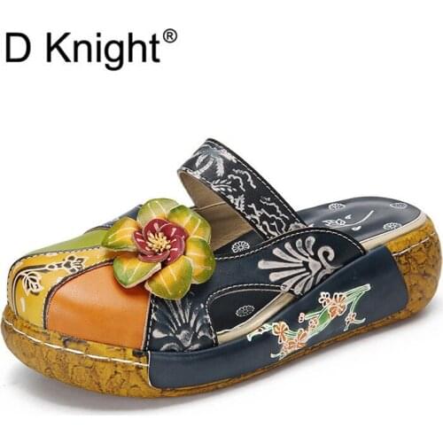 Plus Size Shoes Women Slippers Hand Painted Genuine Leathe Ladies Wedge Heel Platform Sandals Elegant Women Shoes Summer Slides