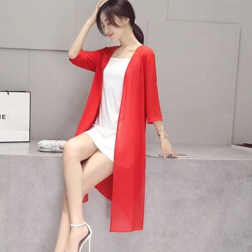 Summer Women Three Quarter Sleeve Long Chiffon Cardigan Candy Color Casual Sunshade Blouse Fashion Slim Plus Size 6XL/7XL Loose