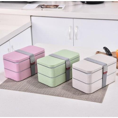 1200ml Wheat Straw Double Layers Lunch Box With Spoon Healthy Material Bento Boxes Microwave Food Storage Container Lunchbox