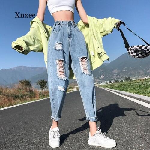 Plus Size Boyfriend Jeans for Women Destroy High Waisted Jeans Harem Loose Style Ripped Jeans for Women Casual Distressed mom