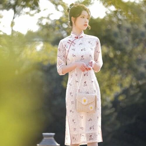 Chinese Traditional Dress Cheongsam Lace Women Cheongsam Elegant Girls Party Wedding Qipao Fashion Vintage Short Sleeve Dress