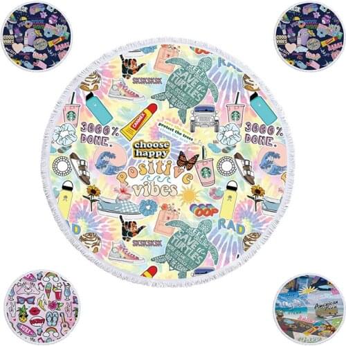 Dropshipping Summer Element Microfiber Beach Towel Cartoon Sunglasses Slipper Skateboard Print Large Round Beach Towel 150cm