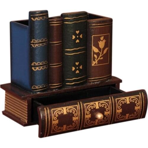Multifunction Retro Wooden Pen Holder Book Shape Wood Craft Home Decor Pencil Desktop Storage Box Drawers Stationery Holder Gift