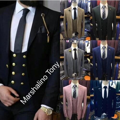 2018 New GRAY blue Lattice suit men Men Suit Set Skinny Wedding Groom Blazer Prom 3 piece costume homme mens suits with pants