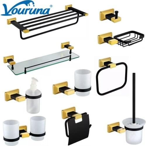 VOURUNA Golden&Black Bath Hardware Set 304SUS Bathroom Accessory Kit Toilet Paper Holder Towel Rail Basket