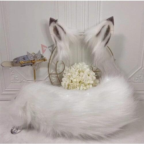 MMGG New White Wolves Fox Ears Hair Hoop Tail Handmade Work Headwear Earrings For Girl Women