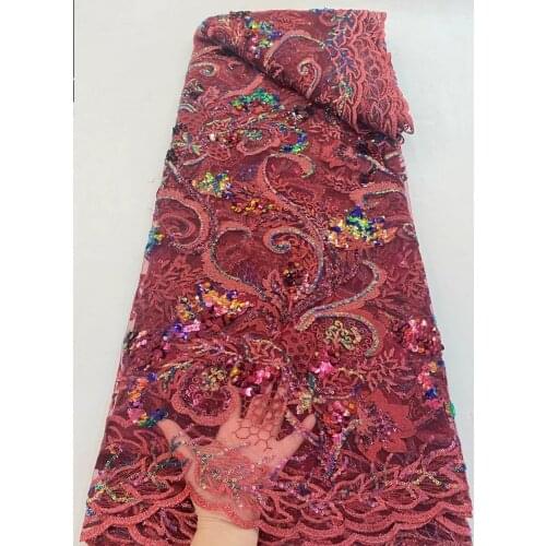 New French Tulle Mesh Lace Fabric Wine Red Sequins Lace Fabrics Luxury Handmade Lace Fabric for Wedding