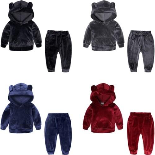 Hot style childrens wear boys autumn Bear ear suit childrens spring hoodie two-piece golden velvet girls' sportswear ST19072