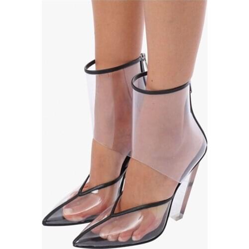 Transparent PVC Cut Out Dress Women Booties Sexy Pointed Toe Spike Clear Heel Black White Solid Ankle Booties Zipper Summer Boot