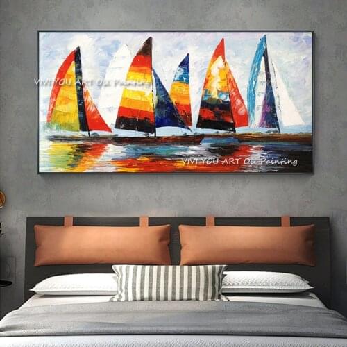 Modern Sailboat Colorful Oil Painting Handmade on Canvas Big Size Nordic Wall Picture for Living Room Landscape Canvas Painting