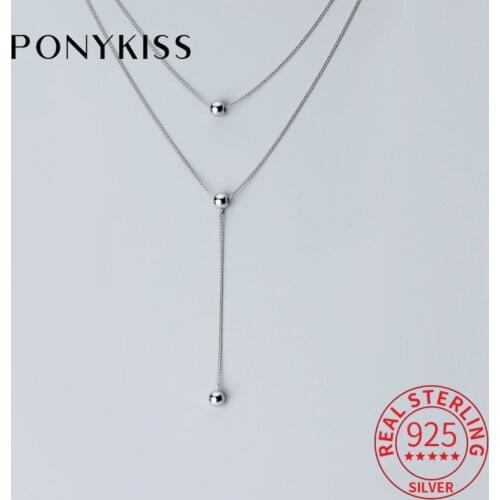 PONYKISS Trendy S925 Sterling silver Double layer Glossy Bead Pendant Necklace Chain Women Party Fine Accessory Romantic Gift