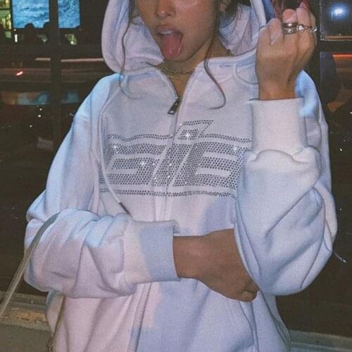 Spring Y2K Rhinestone Harajuku Clothes Hoodies Zip-up long sleeve Coat Oversized hooded Loose hip-hop Fashion E-girl Punk Coat