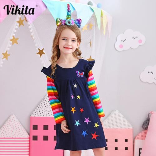 VIKITA Girls Long Sleeve Dresses Children Autumn Clothing for Kids Girls Cotton Dress Toddlers Striped Dresses Baby Girl Clothes