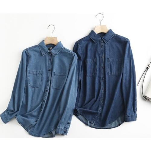 Slim Solid Denim Women Shirts Summer New 2021 Pocket Solid Casual All Match Female Outwear Coats Tops