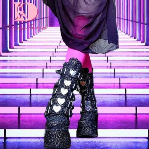 DoraTasia Goth Punk Women Mid Calf Boots Platform Wedges High Heels Bling Heart Boots Woman Street Fashion Sweet Cosplay Shoes