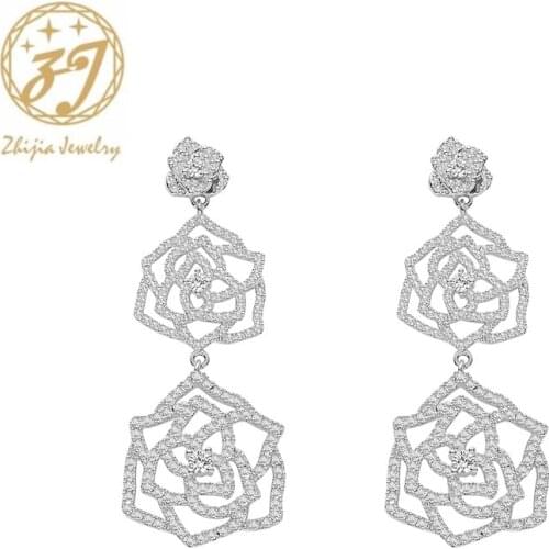 Zhijia luxury gold silver rose flower stud earrings for women shiny crystal rhinestone earrings jewelry party gifts