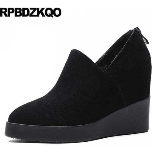 Female wedge super pumps hidden platform round toe high heels extreme fashion brand women shoes 2019 fur black zipper luxury