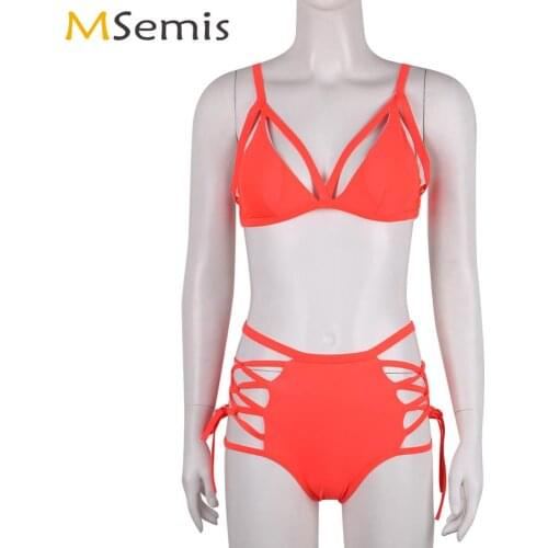 Womens Sexy Hollow Out Strappy Bikini Set Summer Beach Party Swimsuits Erotic Push Up Bra Top+High Waist Lace Up Briefs Lingerie