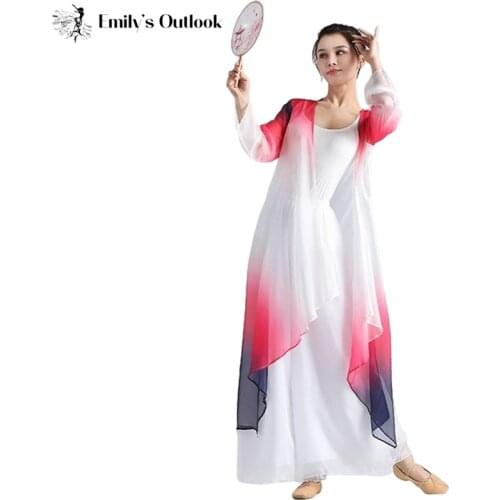 Women Classical Dance Long Dress Flowy Loose Shirt Chiffon Harem Pants Dancer Practice Wear Chinese Folk Dancewear Gradient