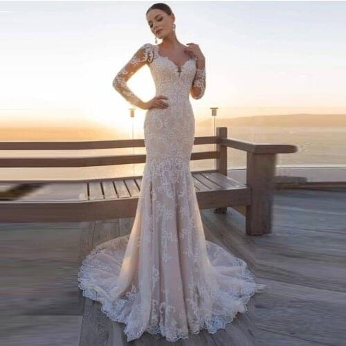 Elegant Sexy Mermaid Lace Wedding Dress White Ivory Floor-Length Illusion Back With Buttons Robe De Soirée De Mariage