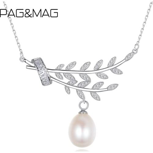 PAG&MAG Natural Pearls Olives Leaf CZ Necklace & Pendant For Women 925 Sterling Silver Original Fine Jewelry Statement Necklace