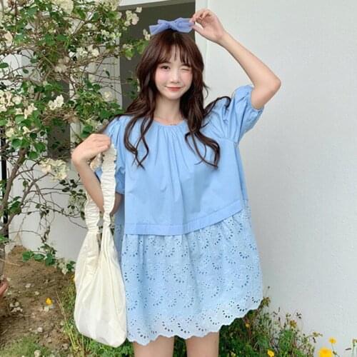 2020 Summer New Korean Style round Neck Girls Shirt Strap Puff Sleeve Stitching Embroidered Lace Dress Skirt