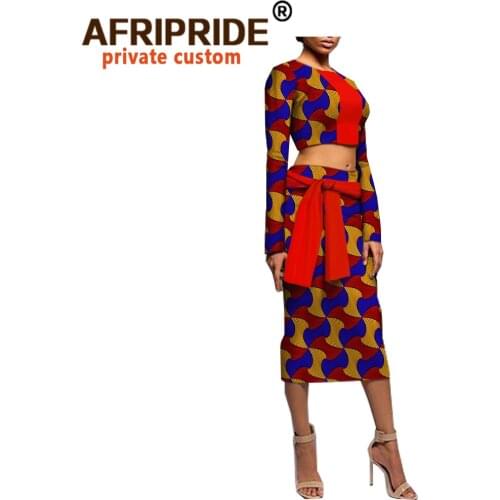 2020 Summer African Print Clothes for Women Crop Top Skirt 2 Piece Set Match Print Belt Dashiki Outfits Ankara Attire A1826008