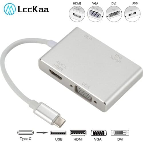 LccKaa 4K x 2K USB 3.1 USB C Type C to HDMI-Compatible VGA DVI USB 3.0 Adapter 4 in 1 Cable for Laptop Apple USB C HUB Splitter