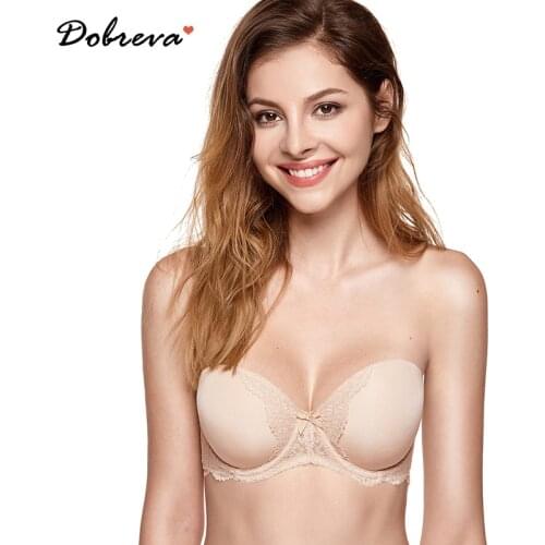 DOBREVA Womens Strapless Lace Bra Padded Underwire with Convertible Strap