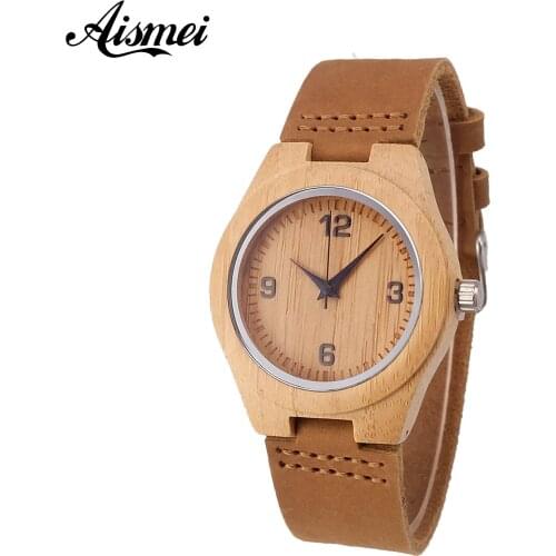 2018 Fashion Women Wood Watches Top luxury Brand Simple Design bamboo Wooden Genuine Leather Bands Wristwatches for ladies gift