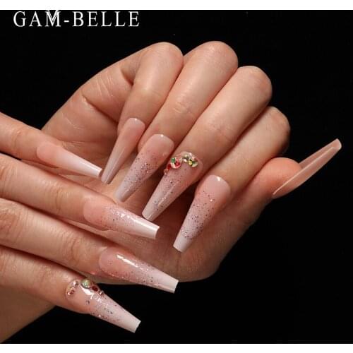 GAM-BELLE 24Pcs Glitter Long Coffin False Nails With 3D Rhinestones Full French Artificial Press On Nails DIY Manicure Tool